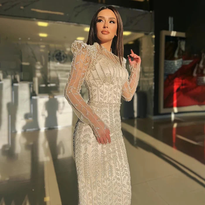 Luxury Dubai Pink Elegant Pearls Beaded Mermaid Evening Dress LA72826 - SERENE HILL