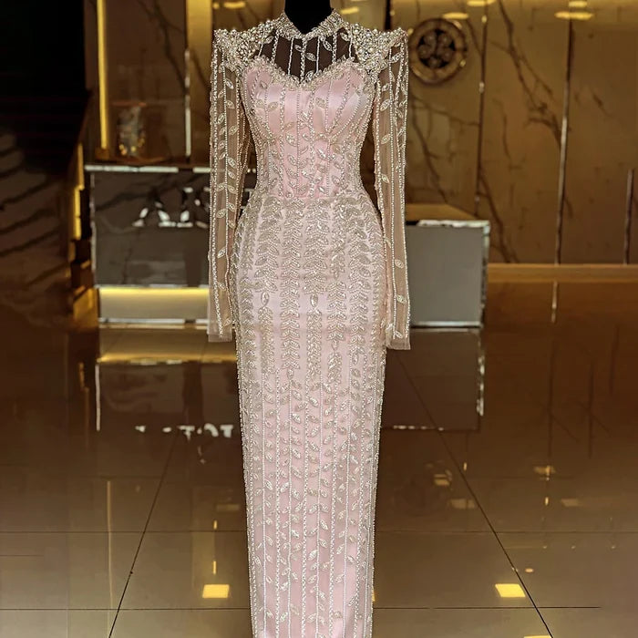 Luxury Dubai Pink Elegant Pearls Beaded Mermaid Evening Dress LA72826 - SERENE HILL