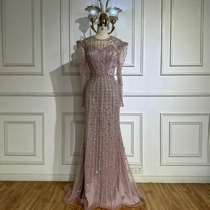 Luxury Dubai Pink Elegant Pearls Beaded Mermaid Evening Dress LA72826 - SERENE HILL