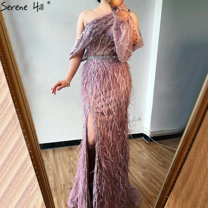 Luxury Dubai Pink Feather Evening Dress LA70513 On Sale - SERENE HILL
