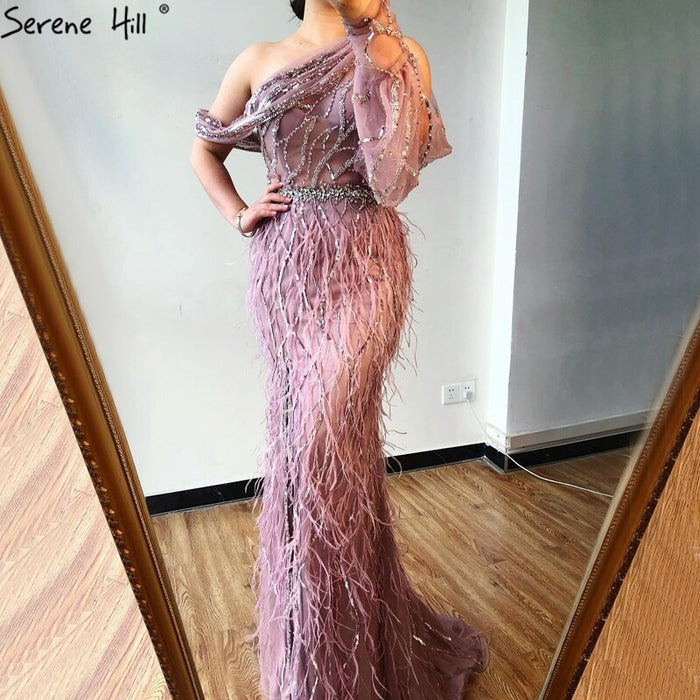 Luxury Dubai Pink Feather Evening Dress LA70513 On Sale - SERENE HILL