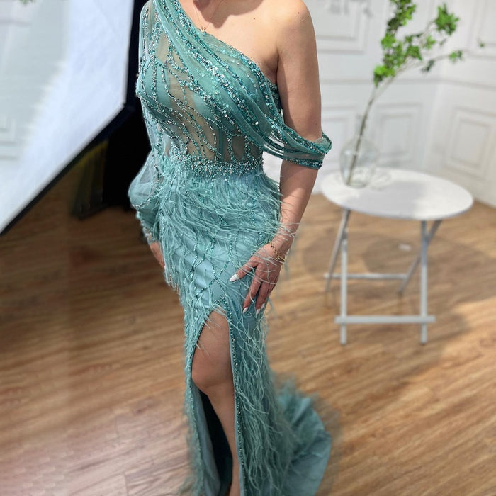 Luxury Dubai Pink Feather Evening Dress LA70513 On Sale - SERENE HILL