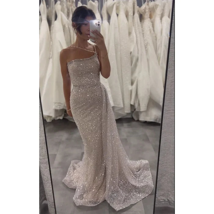 Luxury Dubai Pink One Shoulder Beaded Evening Gown With Overskirt for Formal Occasion LA72887 - SERENE HILL