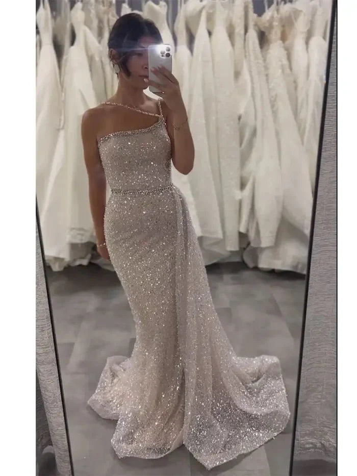 Luxury Dubai Pink One Shoulder Beaded Evening Gown With Overskirt for Formal Occasion LA72887 - SERENE HILL