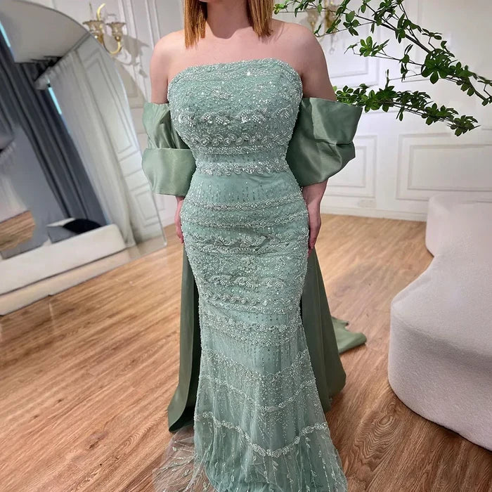 Luxury Dubai Sage Green Evening Dresses with Cape LA72126 - SERENE HILL