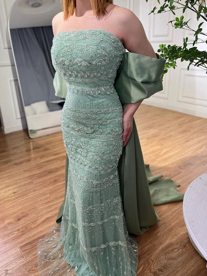 Luxury Dubai Sage Green Evening Dresses with Cape LA72126 - SERENE HILL