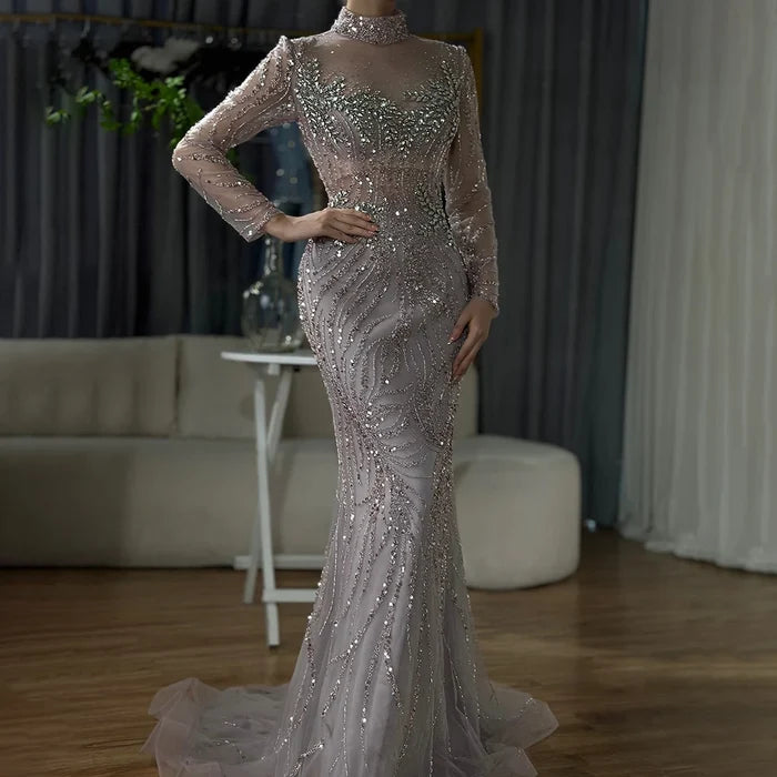 Luxury Dubai Saudi Arabic Elegant Pink Mermaid Beaded Long Evening Gown for Formal Occasion LA72754 - SERENE HILL