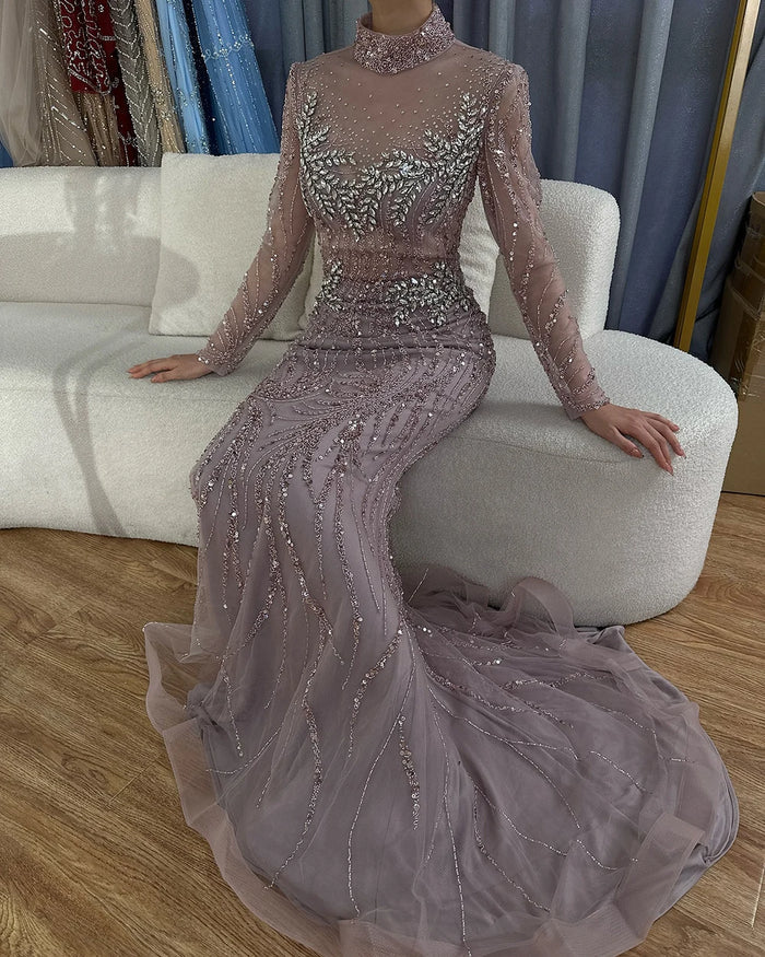 Luxury Dubai Saudi Arabic Elegant Pink Mermaid Beaded Long Evening Gown for Formal Occasion LA72754 - SERENE HILL