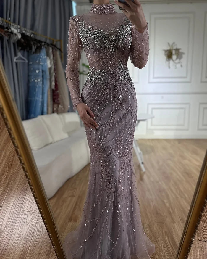 Luxury Dubai Saudi Arabic Elegant Pink Mermaid Beaded Long Evening Gown for Formal Occasion LA72754 - SERENE HILL