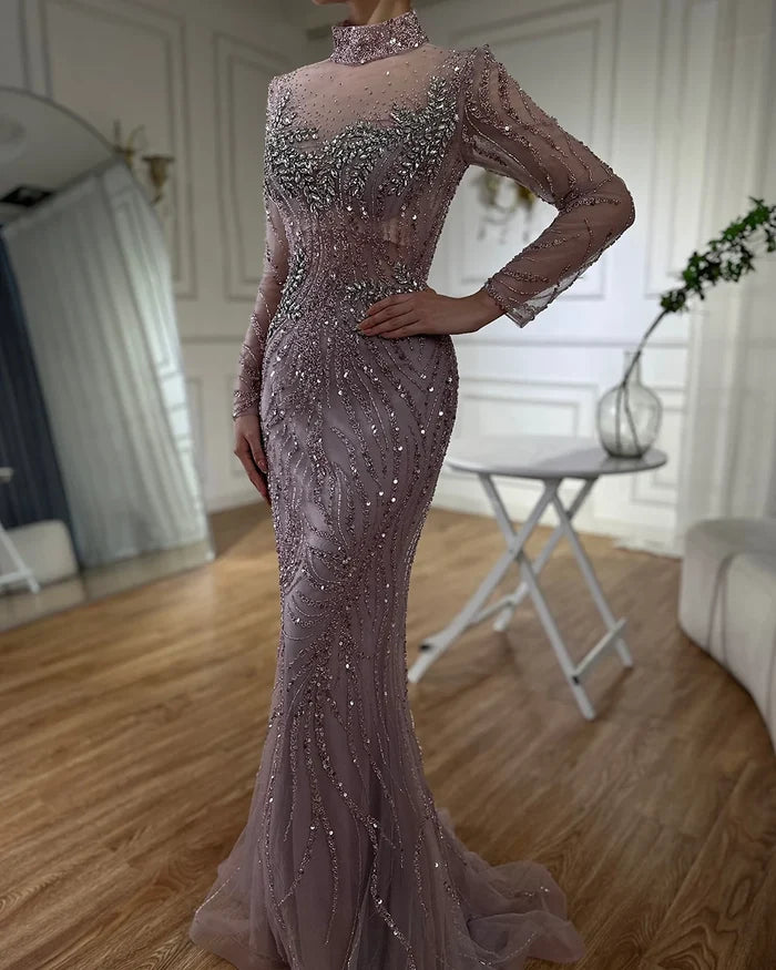 Luxury Dubai Saudi Arabic Elegant Pink Mermaid Beaded Long Evening Gown for Formal Occasion LA72754 - SERENE HILL