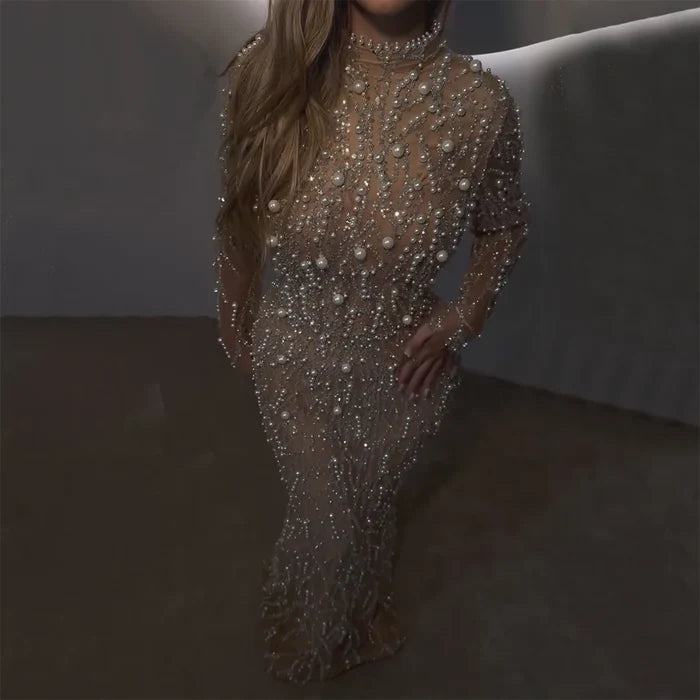 Luxury Dubai Saudi Arabic Luxury Pearls Beaded Nude Mermaid Evening Gown for Formal Occasion LA72345A - SERENE HILL