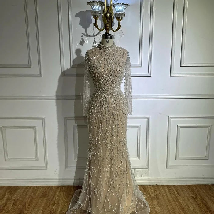 Luxury Dubai Saudi Arabic Luxury Pearls Beaded Nude Mermaid Evening Gown for Formal Occasion LA72345A - SERENE HILL