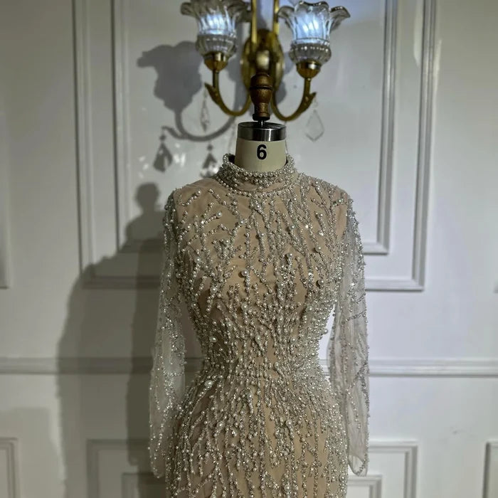 Luxury Dubai Saudi Arabic Luxury Pearls Beaded Nude Mermaid Evening Gown for Formal Occasion LA72345A - SERENE HILL