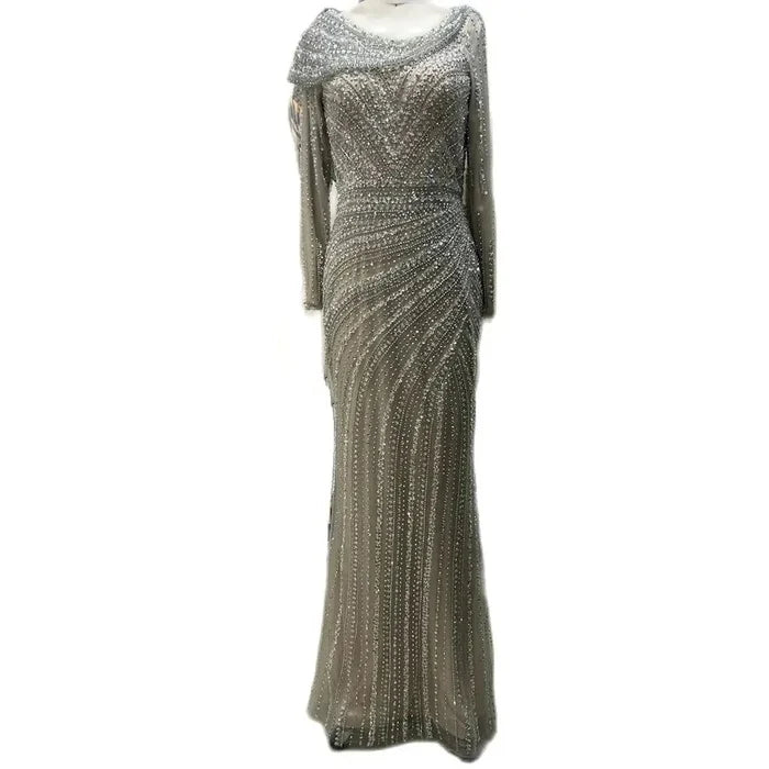 Luxury Dubai Silver Nude Beaded Elegant Mermaid Evening Dress LA70752L - SERENE HILL