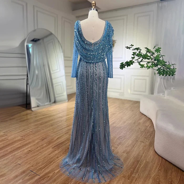 Luxury Dubai Silver Nude Beaded Elegant Mermaid Evening Dress LA70752L - SERENE HILL