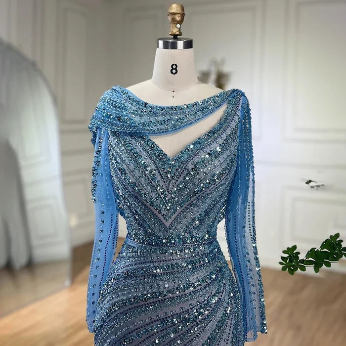 Luxury Dubai Silver Nude Beaded Elegant Mermaid Evening Dress LA70752L - SERENE HILL