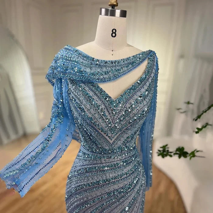 Luxury Dubai Silver Nude Beaded Elegant Mermaid Evening Dress LA70752L - SERENE HILL