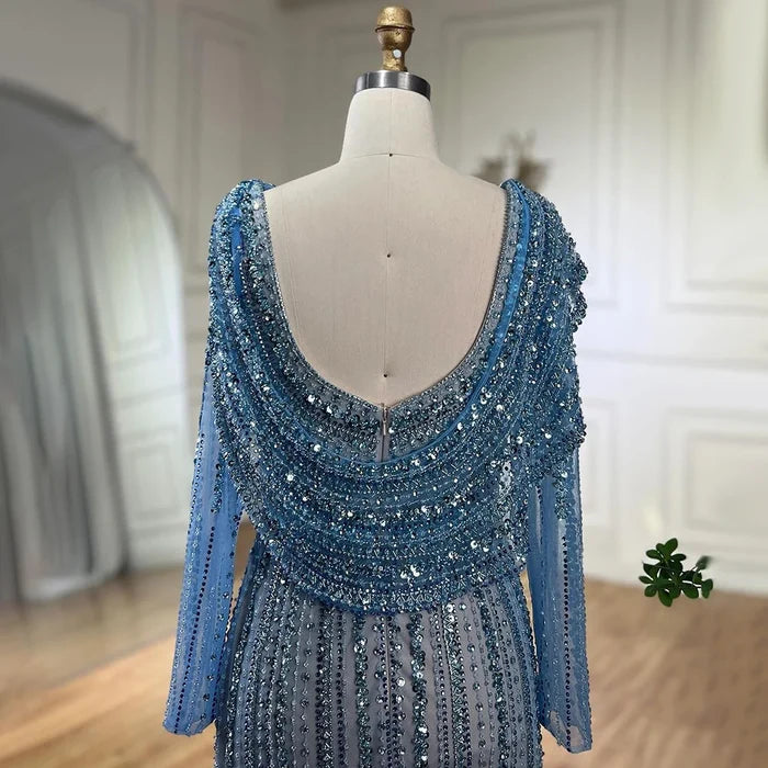 Luxury Dubai Silver Nude Beaded Elegant Mermaid Evening Dress LA70752L - SERENE HILL