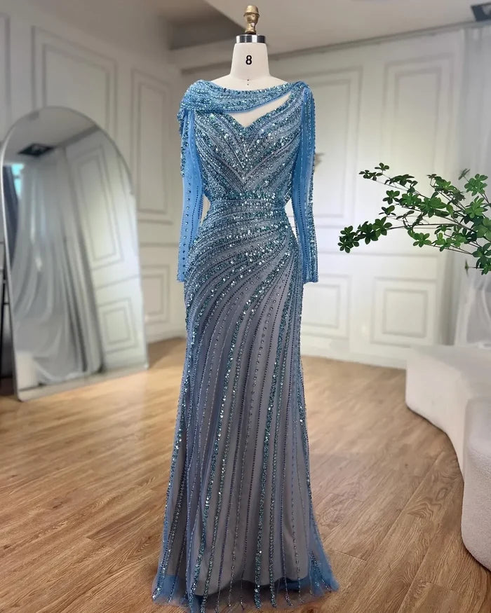 Luxury Dubai Silver Nude Beaded Elegant Mermaid Evening Dress LA70752L - SERENE HILL