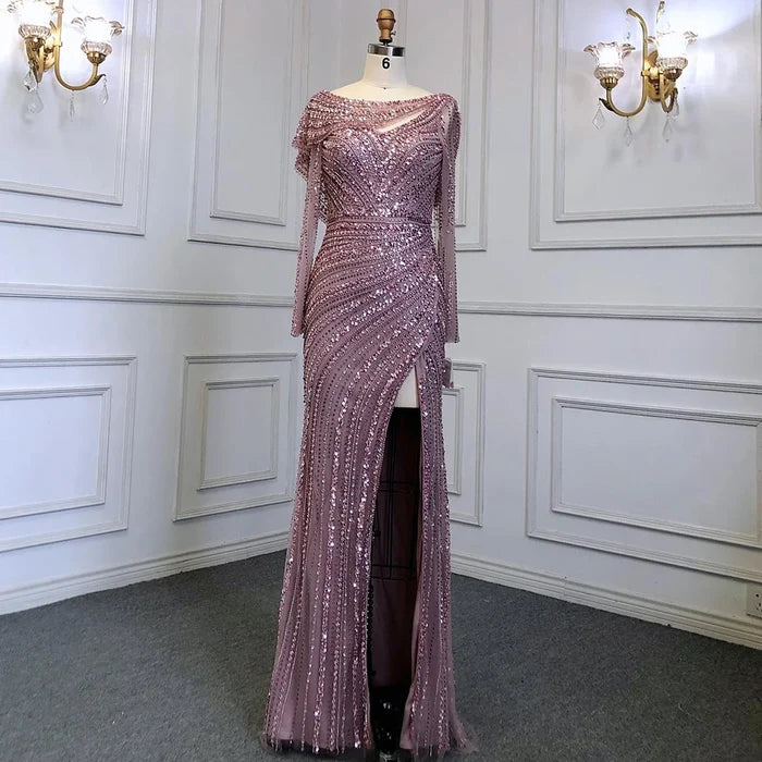 Luxury Dubai Silver Nude Beaded Elegant Mermaid Evening Dress LA70752L - SERENE HILL