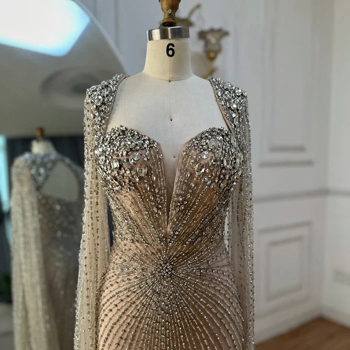 Luxury Dubai Silver Nude Cape Sleeves Beaded Evening Dress LA72575 - SERENE HILL
