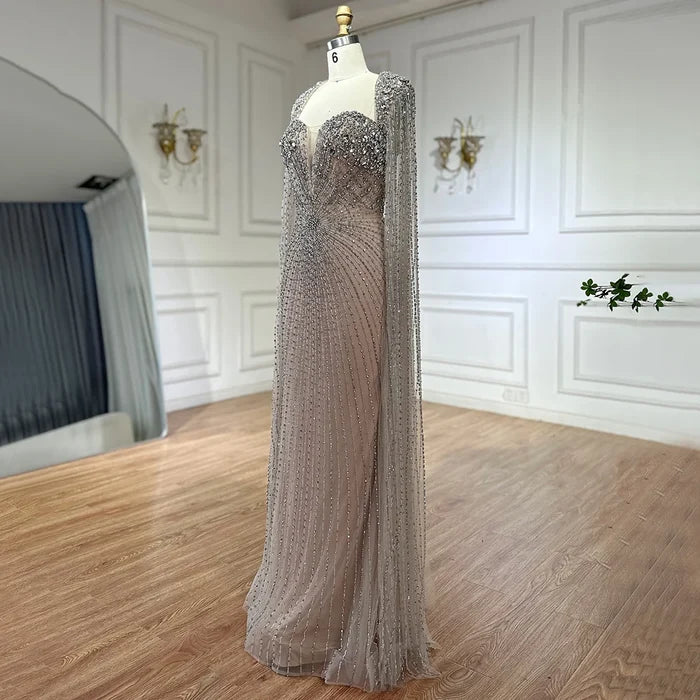 Luxury Dubai Silver Nude Cape Sleeves Beaded Evening Dress LA72575 - SERENE HILL