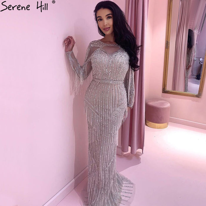 Luxury Dubai Tassel Silver Nude Mermaid Evening Dress LA71166 - SERENE HILL