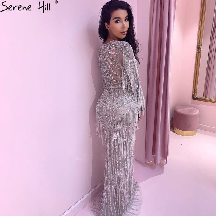 Luxury Dubai Tassel Silver Nude Mermaid Evening Dress LA71166 - SERENE HILL