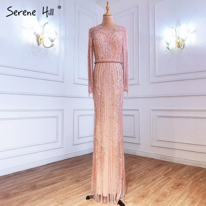 Luxury Dubai Tassel Silver Nude Mermaid Evening Dress LA71166 - SERENE HILL