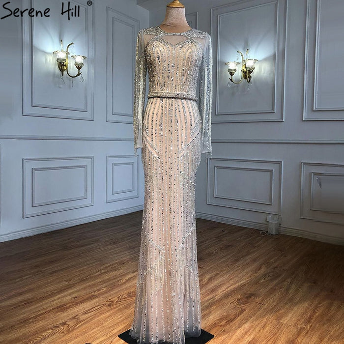 Luxury Dubai Tassel Silver Nude Mermaid Evening Dress LA71166 - SERENE HILL