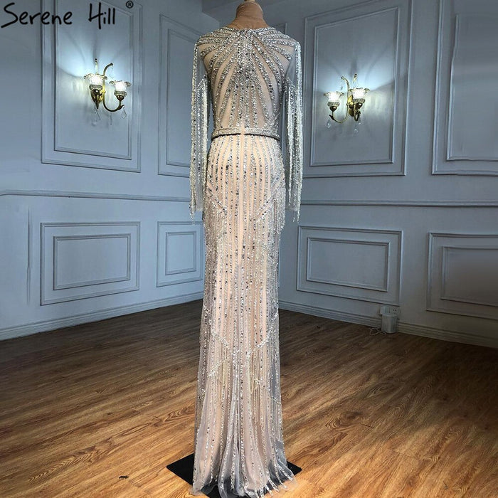 Luxury Dubai Tassel Silver Nude Mermaid Evening Dress LA71166 - SERENE HILL