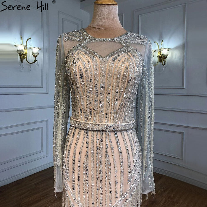 Luxury Dubai Tassel Silver Nude Mermaid Evening Dress LA71166 - SERENE HILL