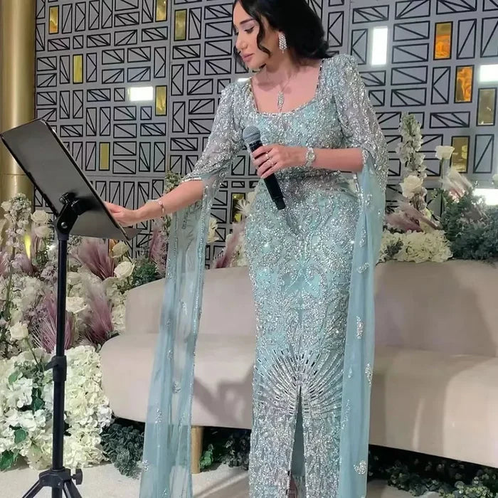 Luxury Dubai Turquoise Evening Dress with Cape Sleeves LA72400 - SERENE HILL