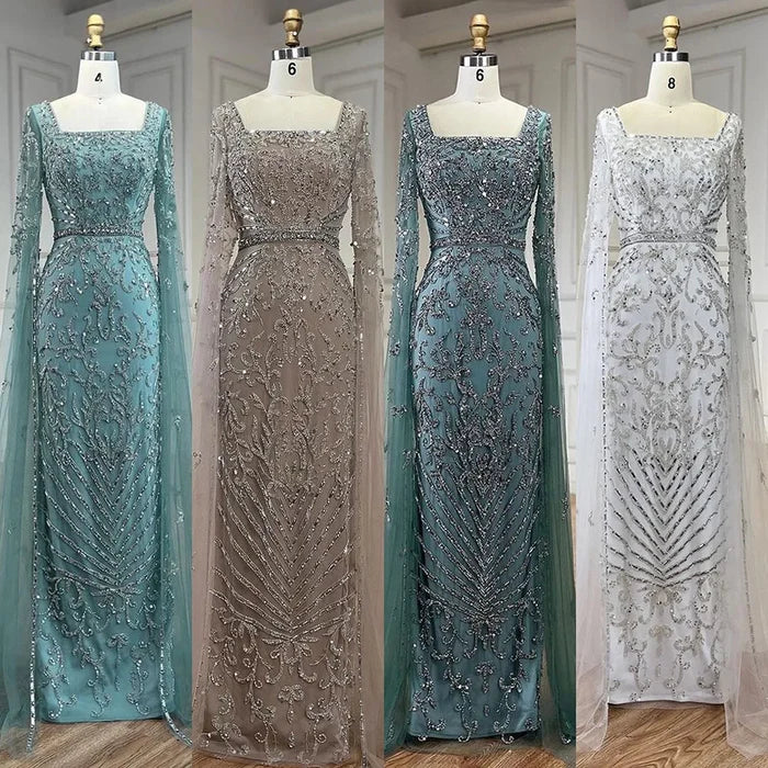 Luxury Dubai Turquoise Evening Dress with Cape Sleeves LA72400 - SERENE HILL