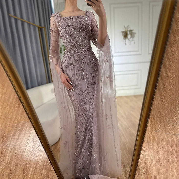 Luxury Dubai Turquoise Evening Dress with Cape Sleeves LA72400 - SERENE HILL