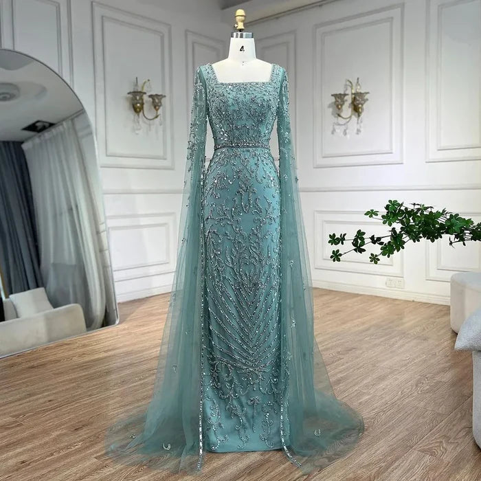 Luxury Dubai Turquoise Evening Dress with Cape Sleeves LA72400 - SERENE HILL