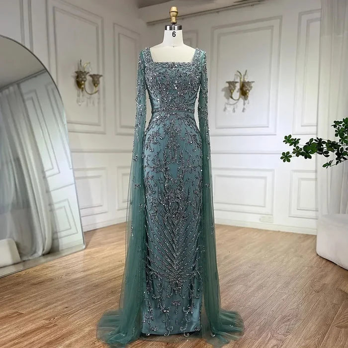 Luxury Dubai Turquoise Evening Dress with Cape Sleeves LA72400 - SERENE HILL