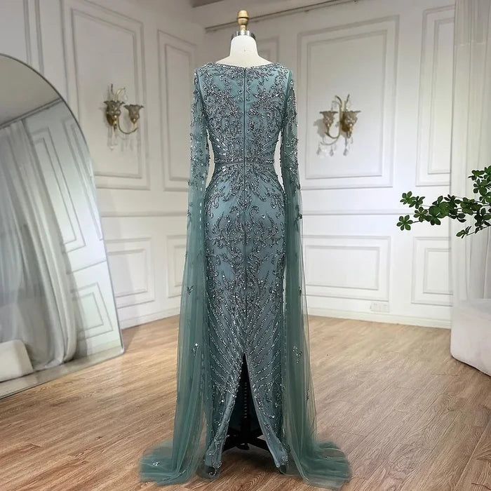 Luxury Dubai Turquoise Evening Dress with Cape Sleeves LA72400 - SERENE HILL