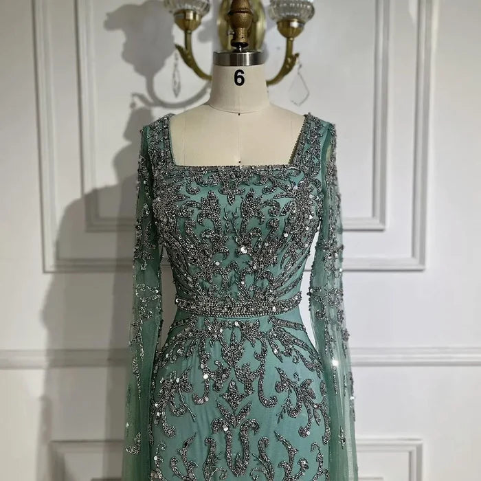 Luxury Dubai Turquoise Evening Dress with Cape Sleeves LA72400 - SERENE HILL