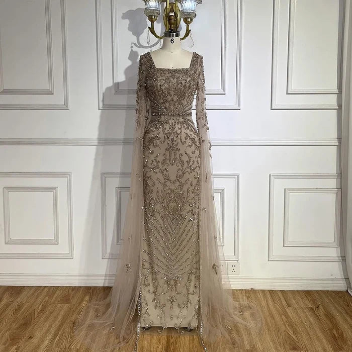 Luxury Dubai Turquoise Evening Dress with Cape Sleeves LA72400 - SERENE HILL