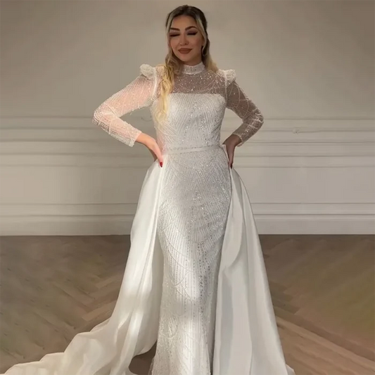 Luxury Dubai White Muslim Mermaid Evening Dress Gown with Detachable Overskirt for Formal Occasion LA72032L - SERENE HILL