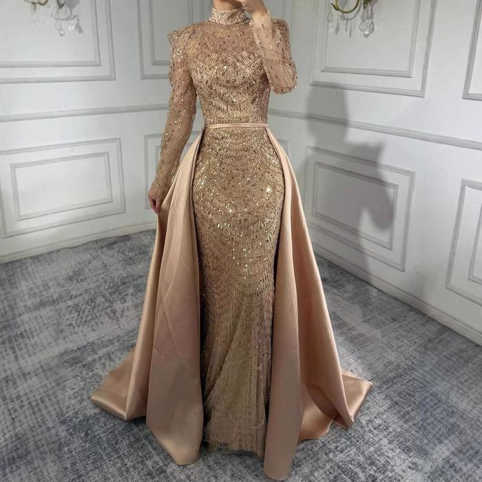 Luxury Dubai White Muslim Mermaid Evening Dress Overskirt LA72032L