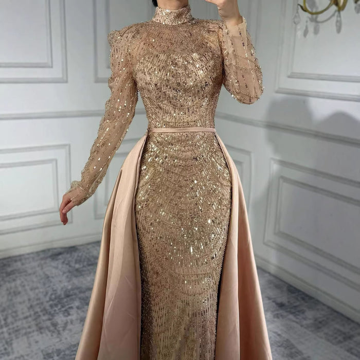 Luxury Dubai White Muslim Mermaid Evening Dress Overskirt LA72032L