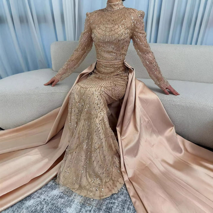 Luxury Dubai White Muslim Mermaid Evening Dress Overskirt LA72032L