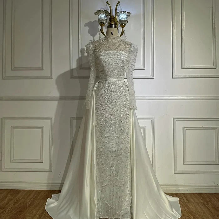 Luxury Dubai White Muslim Mermaid Evening Dress Gown with Detachable Overskirt for Formal Occasion LA72032L - SERENE HILL