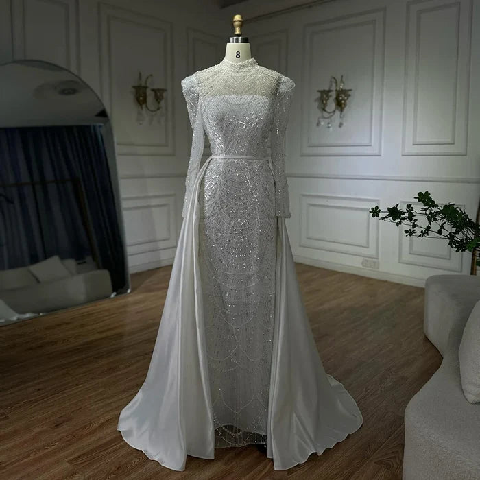 Luxury Dubai White Muslim Mermaid Evening Dress Gown with Detachable Overskirt for Formal Occasion LA72032L - SERENE HILL