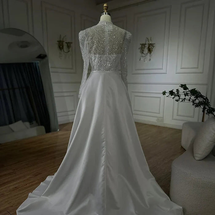 Luxury Dubai White Muslim Mermaid Evening Dress Gown with Detachable Overskirt for Formal Occasion LA72032L - SERENE HILL