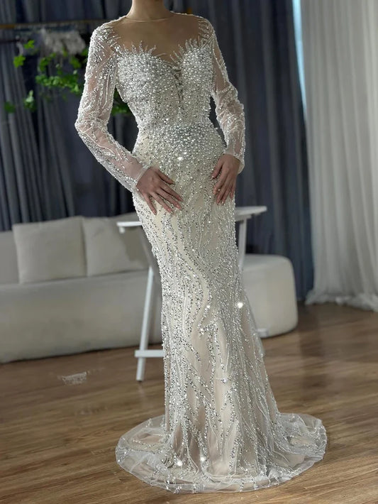 Luxury Dubai White Nude Mermaid Evening Dress With Long Sleeve LA72634 - SERENE HILL