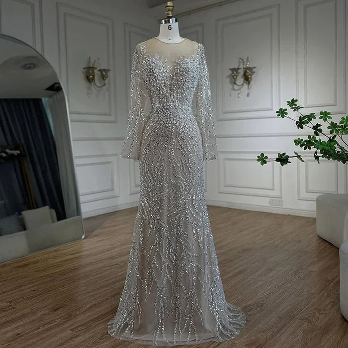 Luxury Dubai White Nude Mermaid Evening Dress With Long Sleeve LA72634 - SERENE HILL