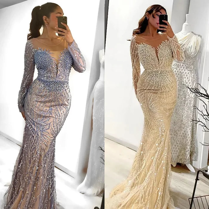 Luxury Dubai White Nude Mermaid Evening Dress With Long Sleeve LA72634 - SERENE HILL